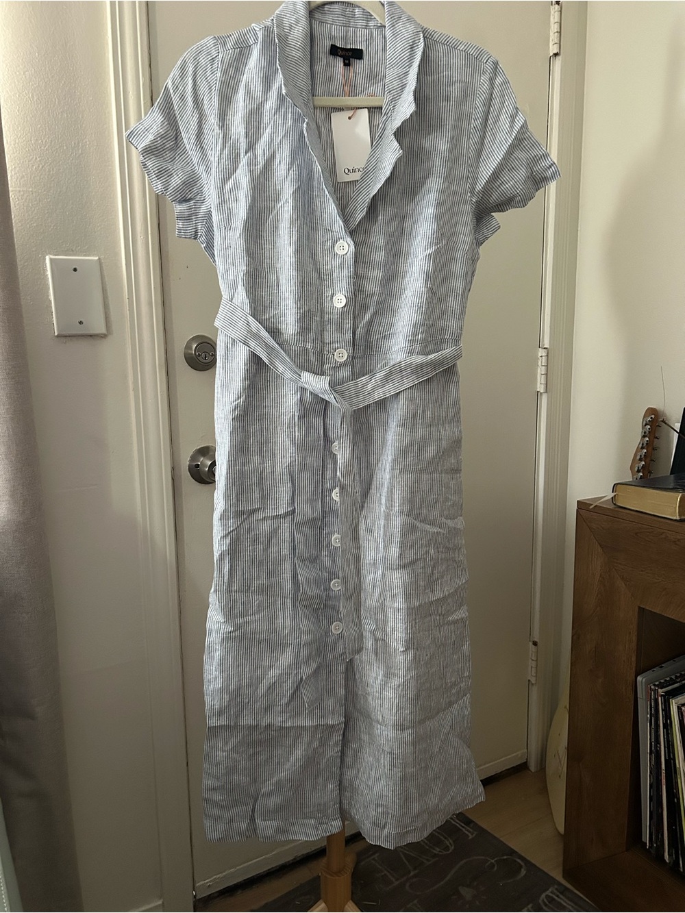 Quince Blue and White Striped Button-Front linen Midi Dress
